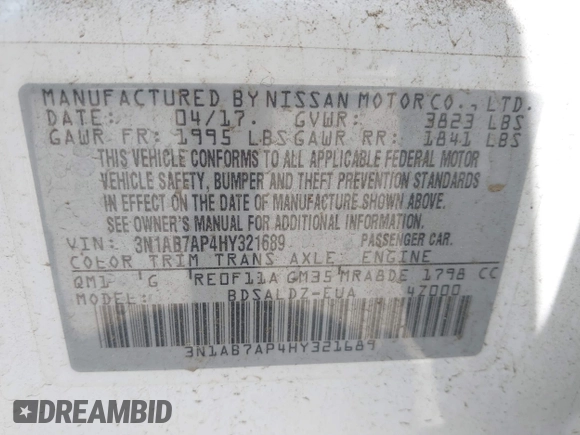 2017 Nissan Sentra SV with VIN 3N1AB7AP4HY321689, listed as a IAAI auction lot 42373727 with 34,331 mi miles and . Bid and sale history available at DreamBid. Image 9.