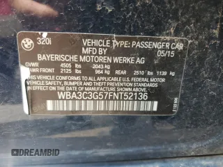 2015 BMW 3 Series 320i xDrive с VIN WBA3C3G57FNT52136, выставлен на аукционе Copart как лот 59200955 с пробегом 118 257 миль миль и Списание • Salvage title. История ставок и продаж доступна на DreamBid. Изображение 12.