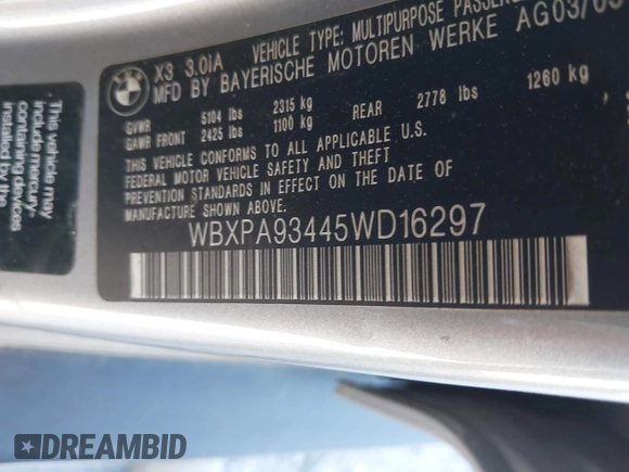 2005 BMW X3 3.0i with VIN WBXPA93445WD16297, listed as a IAAI auction lot 42073854 with 216,545 mi miles and . Bid and sale history available at DreamBid. Image 9.