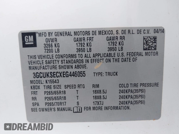 2014 Chevrolet Silverado 1500 LTZ with VIN 3GCUKSECXEG446055, listed as a IAAI auction lot 41988435 with 165,833 mi miles and . Bid and sale history available at DreamBid. Image 9.