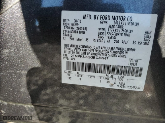 2016 Ford Edge SEL with VIN 2FMPK3J92GBC35947, listed as a Copart auction lot 87930005 with 107,879 mi miles and Salvage Title. Bid and sale history available at carsss.com. Image 13.