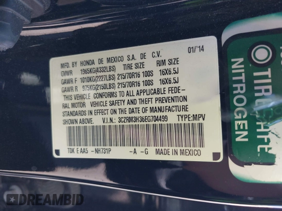 2014 Honda CR-V LX with VIN 3CZRM3H36EG704499, listed as a IAAI auction lot 41966876 with 74,054 mi miles. Bid and sale history available at carsss.com. Image 9.