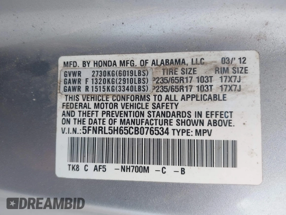 2012 Honda Odyssey EX-L with VIN 5FNRL5H65CB076534, listed as a IAAI auction lot 42440258 with 150,866 mi miles and . Bid and sale history available at DreamBid. Image 9.