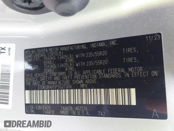 2023 Toyota Highlander L with VIN 5TDKDRAH5PS527304, listed as a IAAI auction lot 42062249 with 20,950 mi miles and . Bid and sale history available at DreamBid. Image 9.