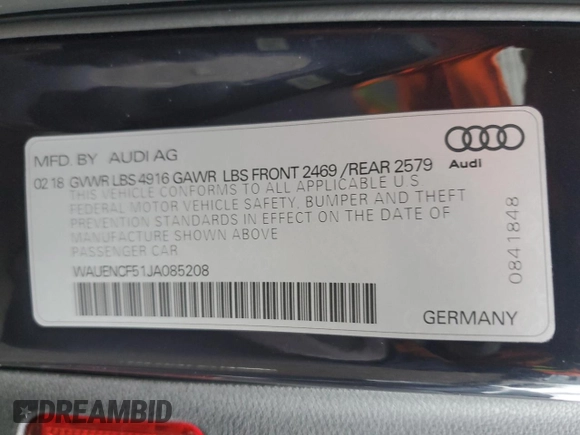 2018 Audi A5 Sportback Premium Plus with VIN WAUENCF51JA085208, listed as a Copart auction lot 40869524 with 33,603 mi miles. Bid and sale history available at carsss.com. Image 12.