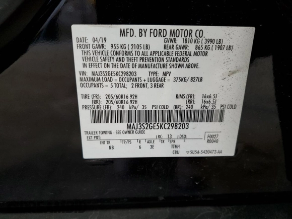 2019 Ford EcoSport SE with VIN MAJ3S2GE5KC298203, listed as a Copart auction lot 49319915 with 34,306 mi miles and Clean Title. Bid and sale history available at DreamBid. Image 13.