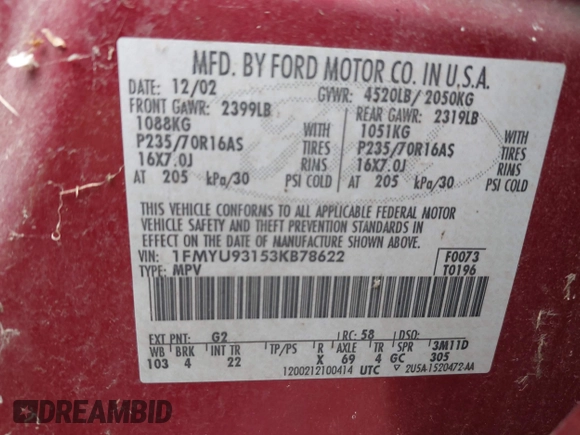 2003 Ford Escape XLT Popular 2 with VIN 1FMYU93153KB78622, listed as a IAAI auction lot 42342301 with Not provided miles and . Bid and sale history available at DreamBid. Image 9.