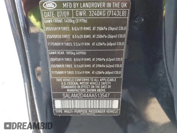 2010 Land Rover LR4 HSE with VIN SALAM2D44AA513547, listed as a IAAI auction lot 42000651 with 175,296 mi miles and . Bid and sale history available at DreamBid. Image 9.