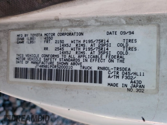 1994 Toyota Pickup DX z VIN JT4RN81P0R5200010, wystawiony jako Copart lot #89184805 z przebiegiem 123 270 mil mil oraz Szkoda całkowita • Salvage title. Historia ofert i sprzedaży dostępna na DreamBid. Obrazek 12.