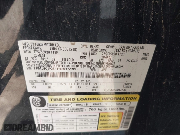 2023 Ford Expedition Max Limited with VIN 1FMJK1K81PEA15199, listed as a IAAI auction lot 42625897 with 95,392 mi miles and . Bid and sale history available at DreamBid. Image 9.