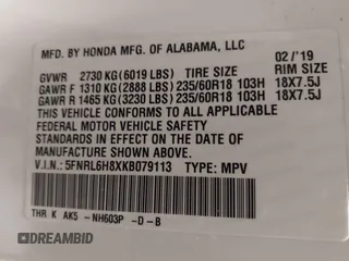 2019 Honda Odyssey Touring with VIN 5FNRL6H8XKB079113, listed as a IAAI auction lot 42359455 with 74,545 mi miles and . Bid and sale history available at DreamBid. Image 9.