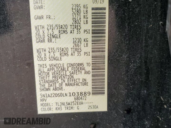 2020 Nissan Murano Platinum with VIN 5N1AZ2DS0LN103889, listed as a Copart auction lot 59628135 with 49,725 mi miles and Salvage title. Bid and sale history available at DreamBid. Image 13.