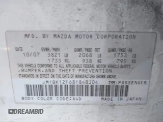 2008 Mazda 3 i Sport with VIN JM1BK12F681848304, listed as a IAAI auction lot 41481142 with 264,093 mi miles and . Bid and sale history available at DreamBid. Image 9.