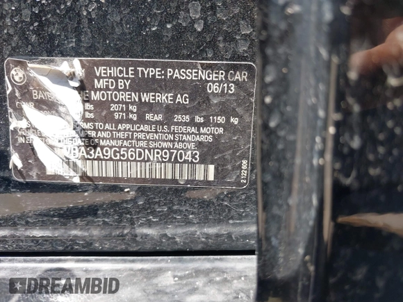2013 BMW 3 Series 335i with VIN WBA3A9G56DNR97043, listed as a IAAI auction lot 42398325 with Not provided miles and . Bid and sale history available at DreamBid. Image 9.