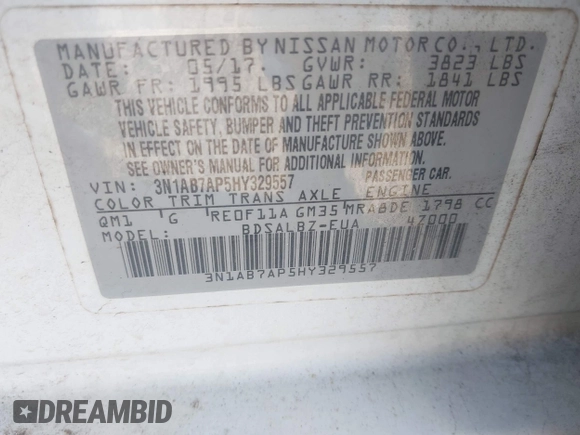 2017 Nissan Sentra S with VIN 3N1AB7AP5HY329557, listed as a IAAI auction lot 42749611 with 180,320 mi miles and . Bid and sale history available at DreamBid. Image 9.