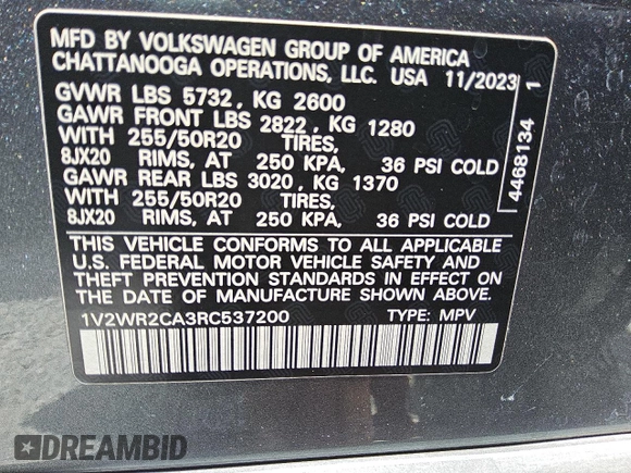 2024 Volkswagen Atlas SE z VIN 1V2WR2CA3RC537200, wystawiony jako Copart lot #55703845 z przebiegiem 38 969 mil mil oraz Czysty tytuł • Clean title. Historia ofert i sprzedaży dostępna na DreamBid. Obrazek 13.