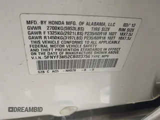 2012 Honda Pilot EX-L with VIN 5FNYF3H52CB023756, listed as a IAAI auction lot 41819122 with 177,946 mi miles. Bid and sale history available at carsss.com. Image 9.