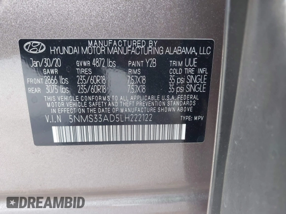2020 Hyundai Santa Fe SEL with VIN 5NMS33AD5LH222122, listed as a IAAI auction lot 41944407 with 30,850 mi miles. Bid and sale history available at carsss.com. Image 9.
