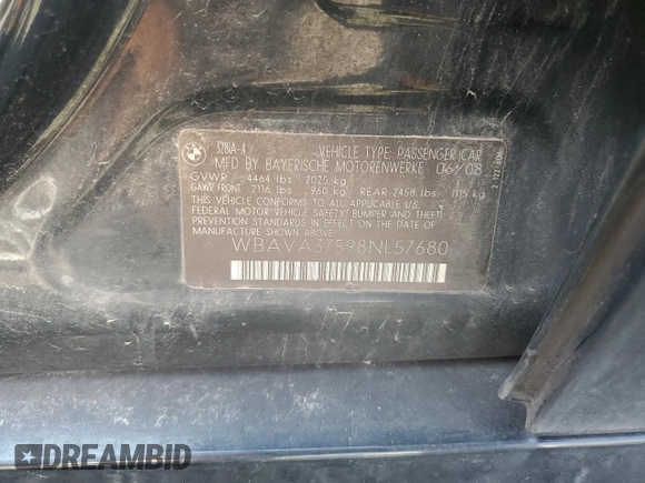 2008 BMW 3 Series 328i with VIN WBAVA37598NL57680, listed as a Copart auction lot 70906694 with 228,925 mi miles and Salvage Title. Bid and sale history available at DreamBid. Image 12.