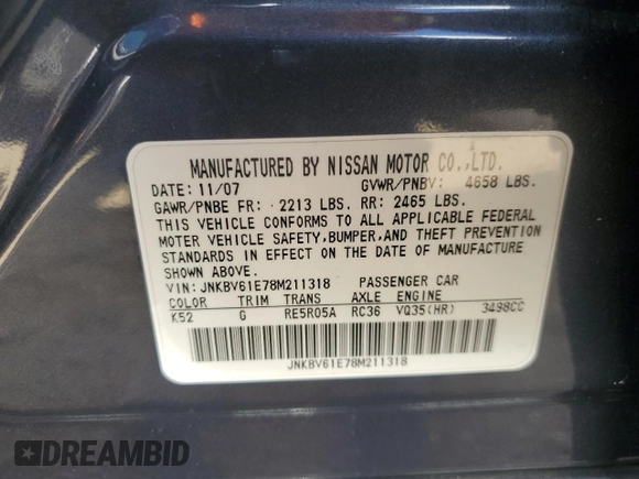 2008 Infiniti G35 Journey with VIN JNKBV61E78M211318, listed as a Copart auction lot 75221954 with Not Provided miles and Salvage Title. Bid and sale history available at DreamBid. Image 12.