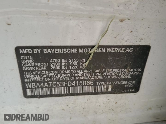 2015 BMW 4 Series 428i xDrive with VIN WBA4A7C53FD415066, listed as a Copart auction lot 61880545 with 130,874 mi miles and Salvage title. Bid and sale history available at DreamBid. Image 12.