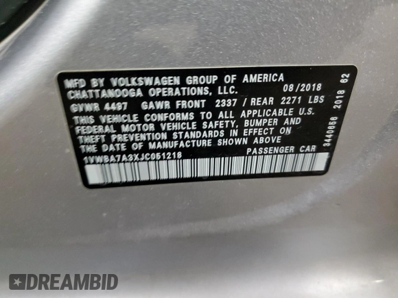 2018 Volkswagen Passat SE with VIN 1VWBA7A3XJC051218, listed as a Copart auction lot 42161495 with 86,219 mi miles and Salvage title. Bid and sale history available at DreamBid. Image 12.