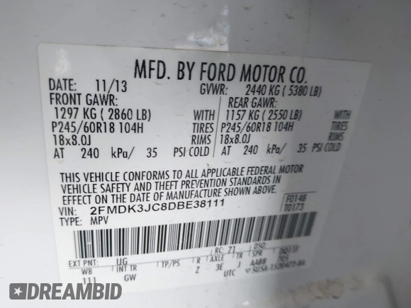 2013 Ford Edge SEL with VIN 2FMDK3JC8DBE38111, listed as a IAAI auction lot 41878339 with 109,240 mi miles. Bid and sale history available at carsss.com. Image 9.