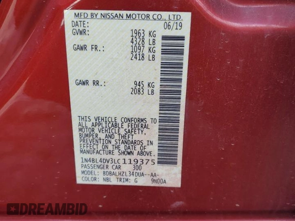 2020 Nissan Altima 2.5 SV with VIN 1N4BL4DV3LC119375, listed as a Copart auction lot 45984435 with 49,303 mi miles and Salvage Title. Bid and sale history available at carsss.com. Image 12.