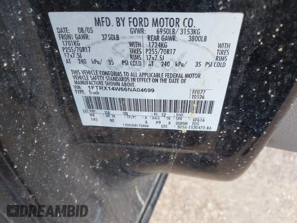 2006 Ford F-150 STX with VIN 1FTRX14W66NA04699, listed as a IAAI auction lot 42604505 with 210,417 mi miles and . Bid and sale history available at DreamBid. Image 9.