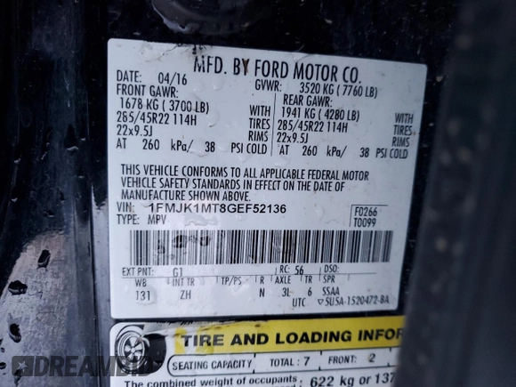 2016 Ford Expedition EL Platinum with VIN 1FMJK1MT8GEF52136, listed as a Copart auction lot 88994755 with 0 mi miles and Salvage Title. Bid and sale history available at carsss.com. Image 13.