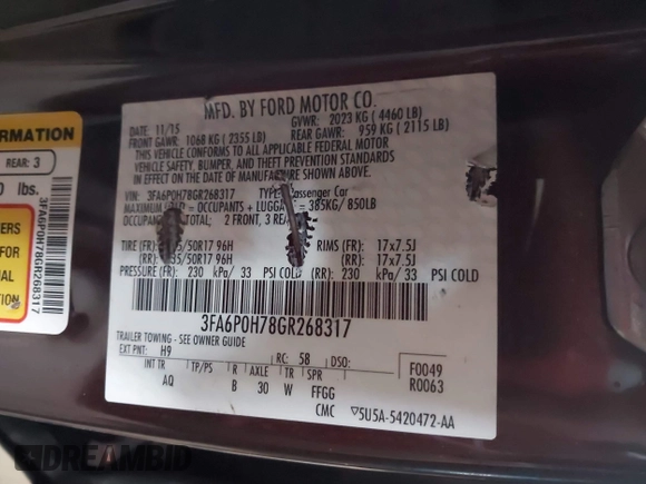 2016 Ford Fusion SE с VIN 3FA6P0H78GR268317, выставлен на аукционе IAAI как лот 41590733 с пробегом 61 889 миль миль и . История ставок и продаж доступна на DreamBid. Изображение 9.