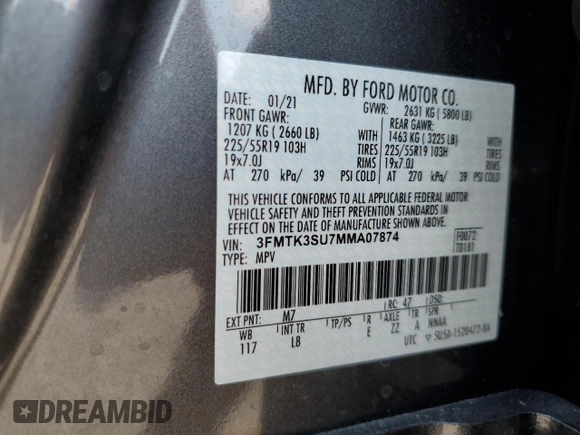 2021 Ford Mustang Mach-E Premium с VIN 3FMTK3SU7MMA07874, выставлен на аукционе Copart как лот 58532275 с пробегом 26 593 миль миль и Списание • Salvage title. История ставок и продаж доступна на DreamBid. Изображение 12.
