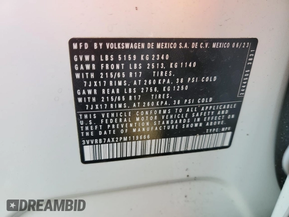 2023 Volkswagen Tiguan S with VIN 3VVRB7AX2PM119666, listed as a Copart auction lot 49567175 with 21,065 mi miles and Salvage title. Bid and sale history available at DreamBid. Image 14.