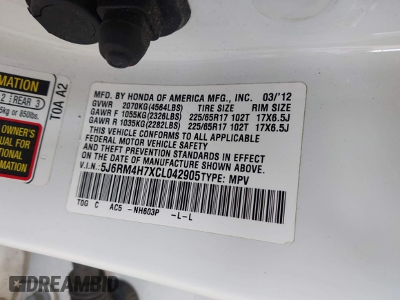 2012 Honda CR-V EX-L с VIN 5J6RM4H7XCL042905, выставлен на аукционе IAAI как лот 42500256 с пробегом 104 704 миль миль и . История ставок и продаж доступна на DreamBid. Изображение 9.