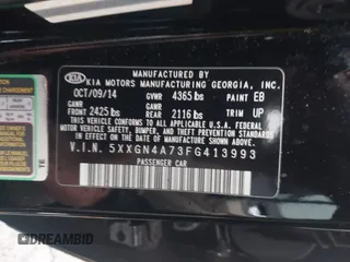 2015 Kia Optima EX with VIN 5XXGN4A73FG413993, listed as a IAAI auction lot 41536587 with 195,670 mi miles. Bid and sale history available at carsss.com. Image 9.