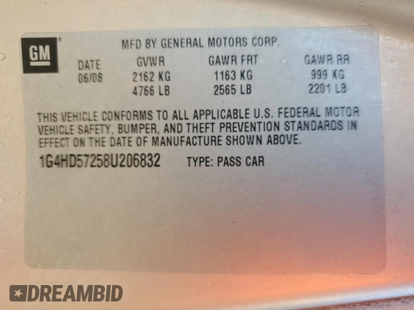 2008 Buick Lucerne CXL with VIN 1G4HD57258U206832, listed as a Copart auction lot 47851615 with 175,262 mi miles and Clean Title. Bid and sale history available at DreamBid. Image 12.