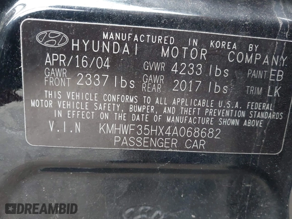 2004 Hyundai Sonata GLS with VIN KMHWF35HX4A068682, listed as a IAAI auction lot 41933856 with 127,508 mi miles. Bid and sale history available at carsss.com. Image 9.