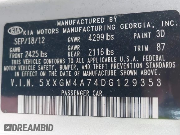 2013 Kia Optima LX with VIN 5XXGM4A74DG129353, listed as a IAAI auction lot 42035909 with 140,315 mi miles. Bid and sale history available at carsss.com. Image 9.