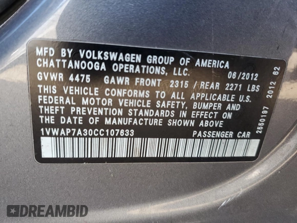 2012 Volkswagen Passat S w/Appearance with VIN 1VWAP7A30CC107633, listed as a Copart auction lot 43478945 with 219,745 mi miles and Clean Title. Bid and sale history available at carsss.com. Image 12.