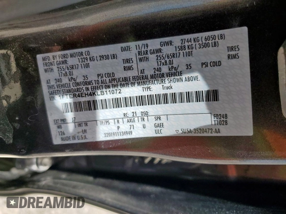 2019 Ford Ranger XL with VIN 1FTER4EH4KLB11072, listed as a Copart auction lot 59235015 with 36,502 mi miles and Clean title. Bid and sale history available at DreamBid. Image 12.