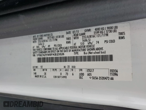 2015 Ford Transit XL с VIN 1FBZX2YM5FKB23526, выставлен на аукционе Copart как лот 46667635 с пробегом 129 058 миль миль и Списание • Salvage title. История ставок и продаж доступна на DreamBid. Изображение 13.