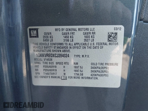 2012 GMC Acadia SLT1 z VIN 1GKKVREDXCJ284024, wystawiony jako IAAI lot #42337904 z przebiegiem 152 501 mil mil oraz . Historia ofert i sprzedaży dostępna na DreamBid. Obrazek 9.