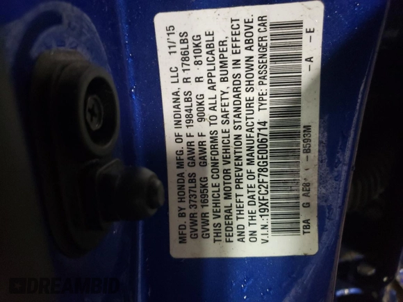 2016 Honda Civic EX with VIN 19XFC2F78GE006714, listed as a Copart auction lot 52532605 with 96,013 mi miles and Salvage Title. Bid and sale history available at DreamBid. Image 12.