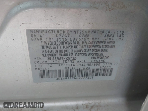 2017 Nissan Sentra SR z VIN 3N1AB7AP6HY377505, wystawiony jako IAAI lot #42164151 z przebiegiem 48 053 mil mil oraz . Historia ofert i sprzedaży dostępna na DreamBid. Obrazek 9.