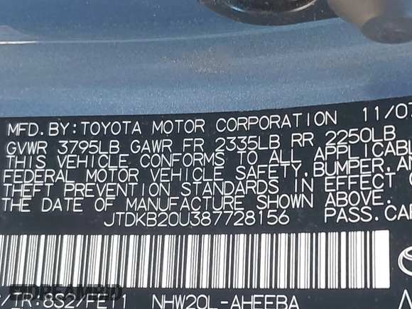 2008 Toyota Prius with VIN JTDKB20U387728156, listed as a IAAI auction lot 41635658 with 203,156 mi miles. Bid and sale history available at carsss.com. Image 9.