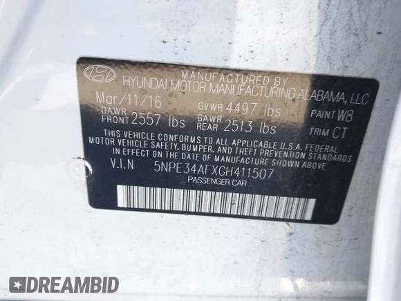 2016 Hyundai Sonata Sport with VIN 5NPE34AFXGH411507, listed as a IAAI auction lot 41592868 with 96,627 mi miles and . Bid and sale history available at DreamBid. Image 9.