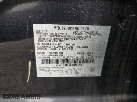 2015 Lincoln MKT with VIN 2LMHJ5NK9FBL01560, listed as a Copart auction lot 44083555 with 104,869 mi miles and Clean Title. Bid and sale history available at DreamBid. Image 13.