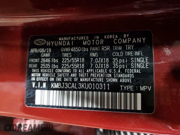 2019 Hyundai Tucson Sport z VIN KM8J3CAL3KU010311, wystawiony jako Copart lot #49225025 z przebiegiem 120 224 mil mil oraz Szkoda całkowita • Salvage title. Historia ofert i sprzedaży dostępna na DreamBid. Obrazek 13.