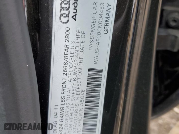 2012 Audi A7 Prestige with VIN WAUSGAFC0CN004453, listed as a Copart auction lot 54923205 with 217,544 mi miles and Salvage title. Bid and sale history available at DreamBid. Image 12.