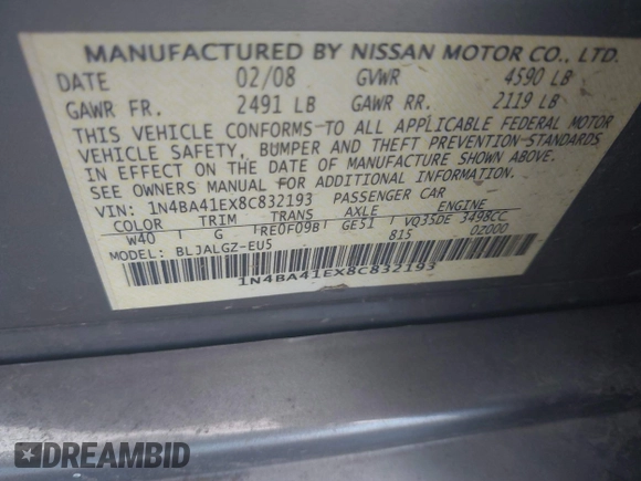 2008 Nissan Maxima 3.5 SL with VIN 1N4BA41EX8C832193, listed as a IAAI auction lot 39388766 with 194,612 mi miles. Bid and sale history available at carsss.com. Image 9.